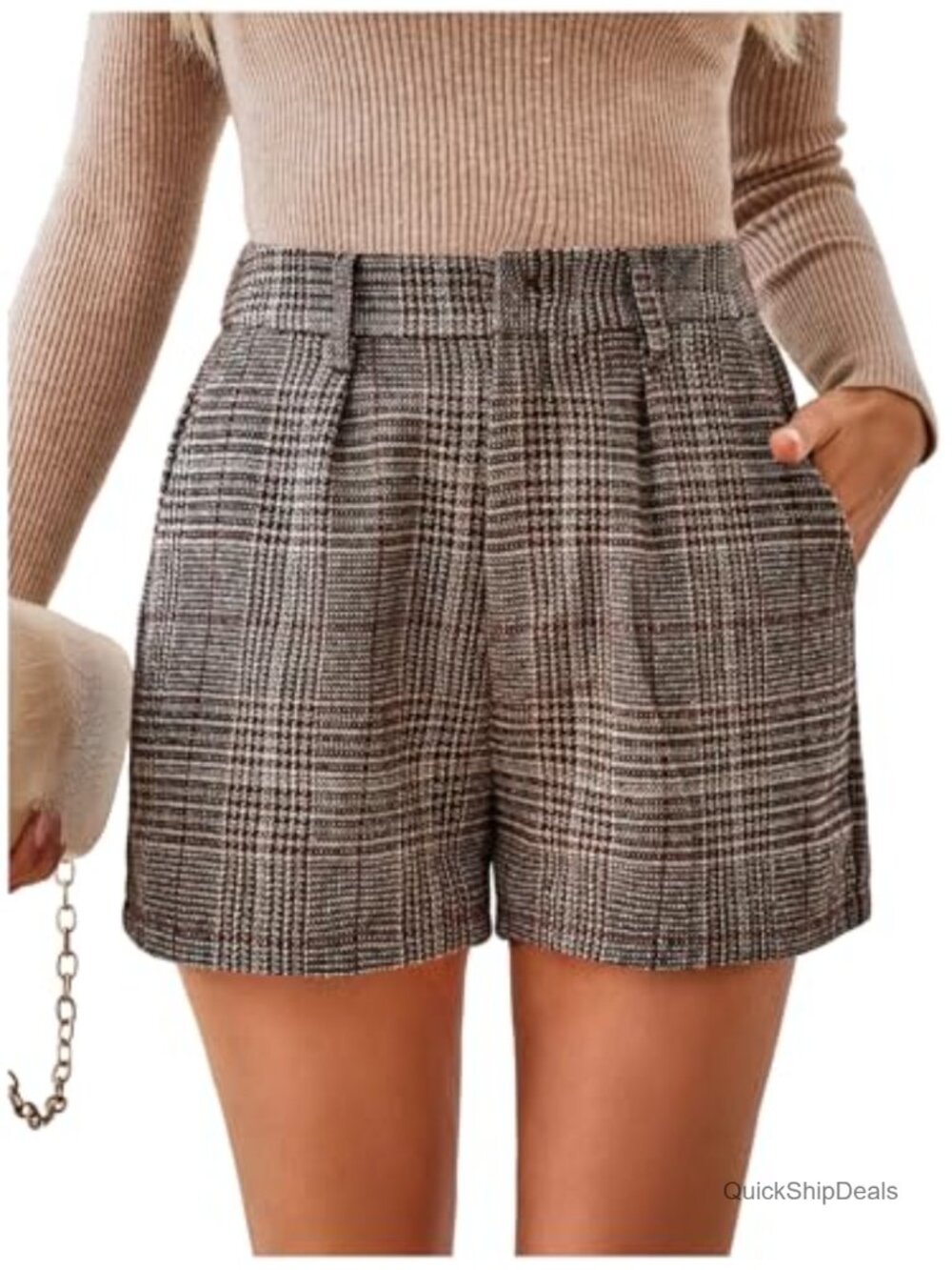 Houndstooth High Waist Straight Leg Shorts
